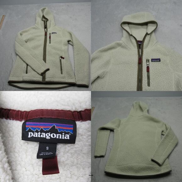 Patagonia Retro Pile Fleece Womens Small Cream‎ Pockets Hooded Full Zip Jacket - Picture 1 of 16